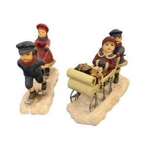 2 Sets Cracker Barrel Figurines Children Playing in Snow 4.25" High Detailed
